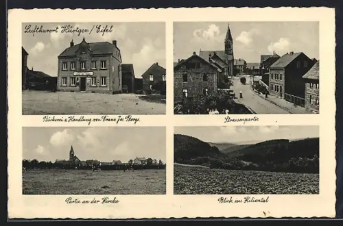 AK Hürtgen /Eifel, Bäckerei u. Handlung v. Franz Jos. Bergs, Kirche, Strassenpartie