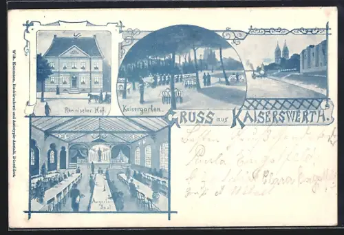 Lithographie Kaiserswerth, Rheinischer Hof, Kaisergarten, Augusta-Saal