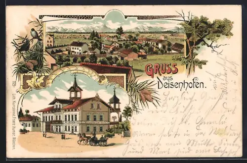 Lithographie Deisenhofen / Oberhaching, Mineralwasser-Fabrik Röder, Ortsansicht aus der Vogelschau