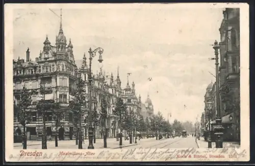 AK Dresden, Strassenbahn in der Maximilians-Allee
