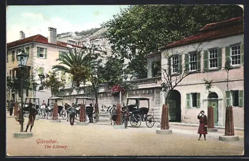AK Gibraltar, The Library, Kutschen vor der Bibliothek