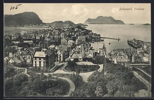 AK Aalesund, Ortsansicht und Park aus der Vogelschau