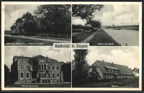 AK Kalkriese b. Engter, Bäckerei, Kolonialwarenhandlung und Mühle A. Hatke, Schloss Barenaue, Schule