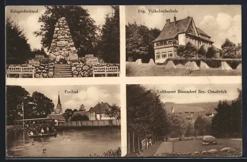 AK Bissendorf / Teutoburger Wald, Kriegerdenkmal, Evg. Volkshochschule, Freibad