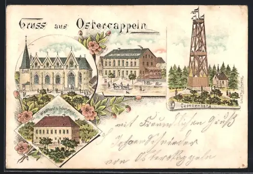 Lithographie Ostercappeln, hotel Gebr. Broermann, Windthorst`s Geburtshaus, Capellenberg