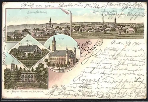 Lithographie Buer / Melle, Gasthaus auf der Friedenshöhe, 1. Pfarre, Kirche