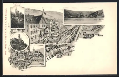 AK Lorch a. Rhein, Hotel zur Krone, Gasthaus Kronen Wein-Kellerei, Inh. M. J. Dahlen, Burg Sonneck, Wappen