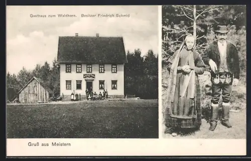 AK Meistern, Gasthaus zum Waldhorn, Paar in Tracht