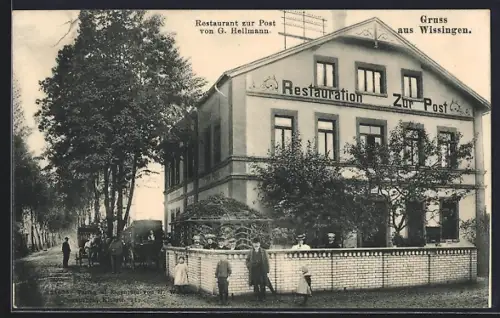 AK Wissingen, Restaurant zur Post von G. Hellmann mit Pferdekutschen