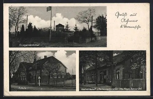 AK Achmer b. Bramsche, Gasthaus Otto Meyer, Kriegerdenkmal mit -Flagge, Schule