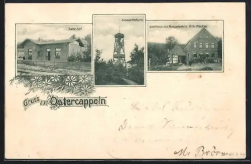 AK Ostercappeln, Bahnhof, Aussichtsturm, Gasthaus zur Morgensonne