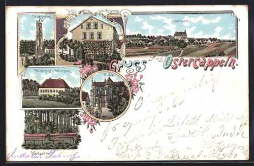 Lithographie Ostercappeln, Hotel der Gebr. Broermann, Windthorsts Geburtshaus, Capellenberg, Kirche und Waldpartie