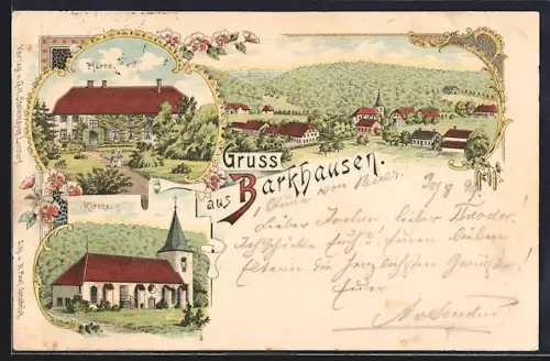 Lithographie Barkhausen / Lintorf, Kirche, Pfarre, Gesamtansicht aus der Vogelschau