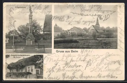 AK Belm, Kriegerdenkmal, Schenkwirtschaft & Bäckerei W. Berger, Teilansicht