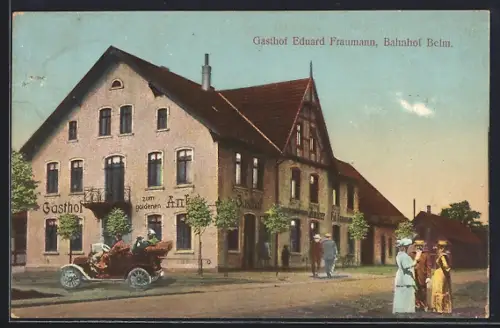 AK Belm, Gasthof Eduard Fraumann mit Strassenpartie