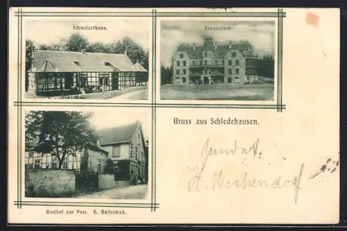 AK Schledehausen / Bissendorf, Gasthof zur Post H. Bullerdiek, Schweizerhaus, Sanatorium