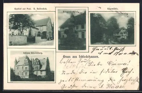 AK Schledehausen / Bissendorf, Gasthof zur Post v. H. Bullerdiek, Kriegerdenkmal, Sägemühle, Schloss Schelenburg
