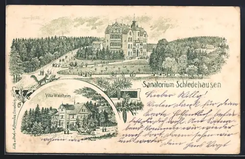 Lithographie Schledehausen / Bissendorf, Sanatorium und Villa Waldheim