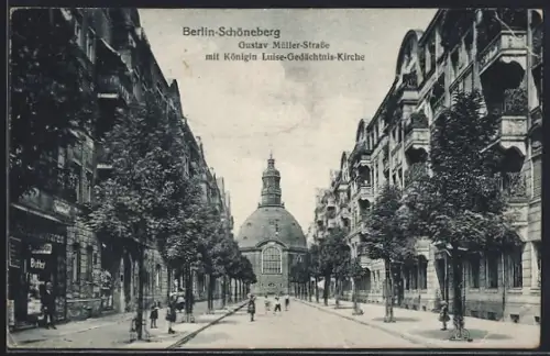 AK Berlin-Schöneberg, Gustav Müller-Strasse mit Königin Luise-Gedächtnis-Kirche