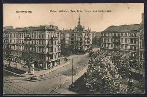 AK Berlin-Schöneberg, Kaiser Wilhelm-Platz, Ecke Haupt- und Bahnstrasse mit Litfasssäule