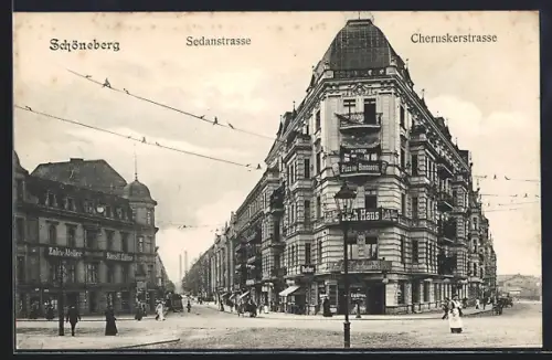 AK Schöneberg, Sedanstrasse und Cheruskerstrasse mit Zahn-Atelier und Plissee-Brennerei H. Kroh