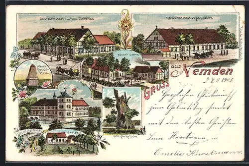 Lithographie Nemden, Gasthaus von Fritz Hehemann, Gasthaus von F. Machmeier, Schloss Ledenburg, Möller`s Schmiede