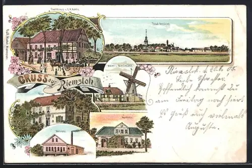 Lithographie Riemsloh, Totalansicht, Gasthaus v. G. A. Kahle, Meier`s Windmühle, Post und Molkerei
