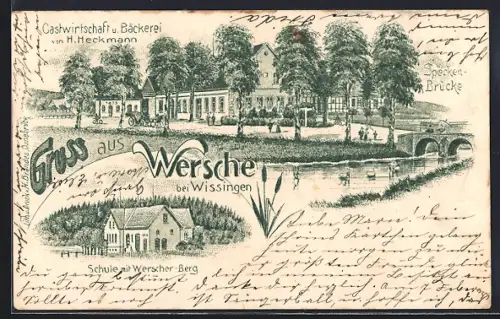 Lithographie Wersche / Bissendorf, Gasthaus von H. Heckmann, Schule mit Werscher Berg