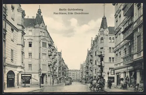 AK Berlin-Schöneberg, Restaurant Friedrich Gröbke in der Max-Strasse, Ecke Ebers-Strasse, Strassenbahn