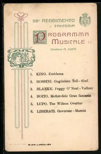 AK Programma Musicale, 58o Reggimento Fanteria, King: Emblema, Rossini: Guglielmo Tell-Sinf., Infanterie-Regiment