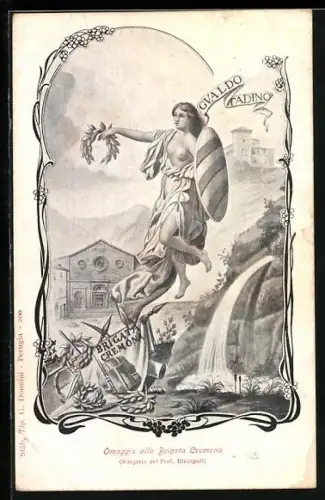 AK Frau mit Schild an Quelle, Brigata Cremona, Infanterie-Regiment