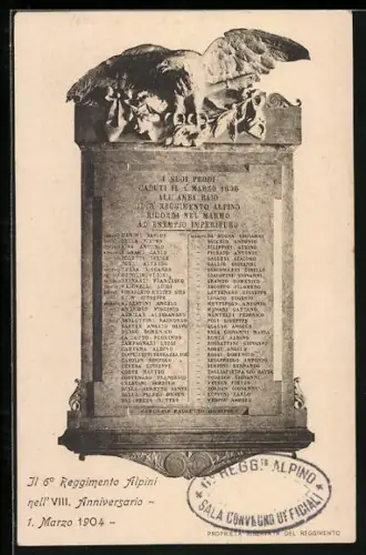 AK Steintafel mit Adler, Il 6o Reggimento Alpini nell`VIII. Anniversario 1904, Infanterie-Regiment