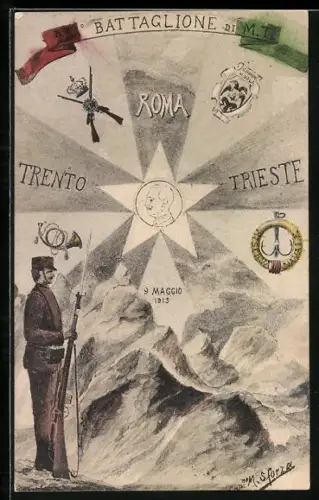 Künstler-AK Trieste, Roma, Trento 1915, 23o Battaglione di M. T., Soldat des Infanterie-Regiments mit Gewehr