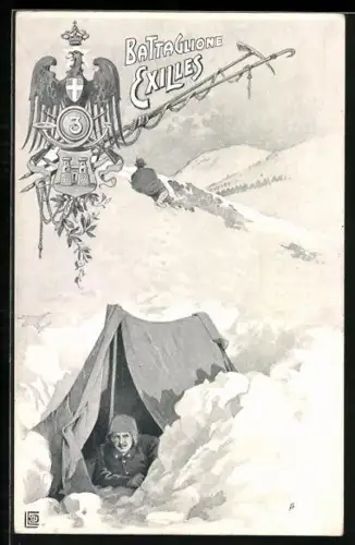 AK Soldat des Infanterie-Regiments im Zelt im Winter, 3 Battaglione Exilles