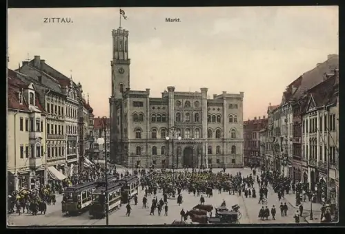 AK Zittau, Markt mit Strassenbahnen