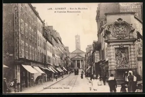 AK Lorient, Rue du Morbihan et Fontaine Monumentale, Strassenbahn