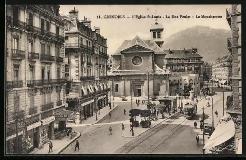 AK Grenoble, L`Eglise St-Louis, La Rue Poulat, Le Moucherotte, Strassenbahn