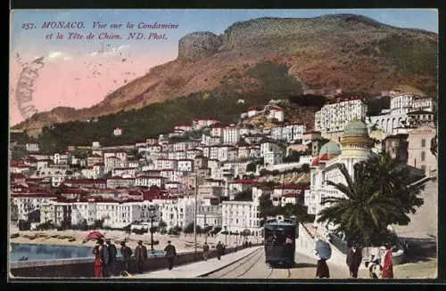 AK Monaco, Vue sur la Condamine et la Tête de Chien, Strassenbahn