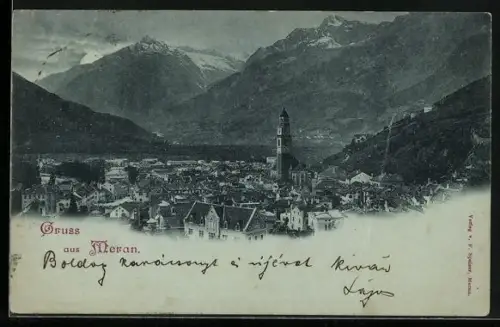Mondschein-AK Meran, Ortsansicht mit Bergpanorama