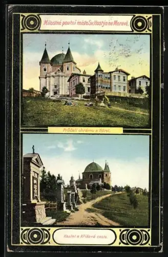 AK Sv. Hostýn na Morave, Prucelí chrámu a Hotel, Kostel a Krízová cesta