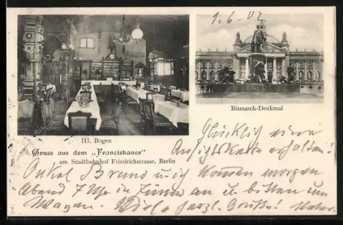 AK Berlin, Restaurant Franciskaner am Stadtbahnhof Friedrichstrasse, Bismarck-Denkmal