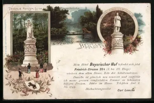 Lithographie Berlin-Tiergarten, Denkmal Königin Luise, Denkmal Friedrich Wilhelm III., Löwenbrücke