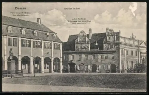 AK Dessau, Grosser Markt, Fürst-Leopold-Denkmal, Adler-Apotheke