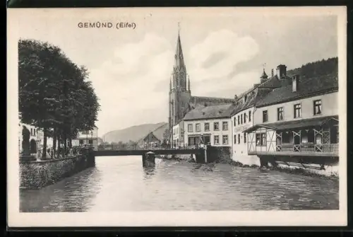 AK Gemünd /Eifel, Brücke mit Blick auf die Kirche