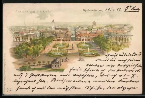 Lithographie Karlsruhe, Ansicht auf die Stadt