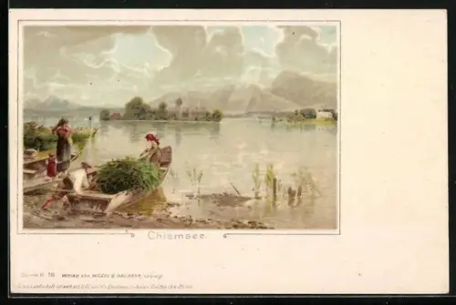 Lithographie Chiemsee, Boote am Ufer