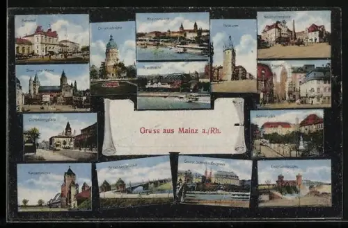 AK Mainz a. Rh., Dom, Hauptbahnhof, Stadttheater, Strassenbrücke, Zollhafen, Neutorplatz