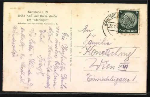 AK Karlsruhe i. B., Ecke Karl- und Kaiserstrasse am Moninger