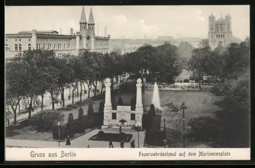 AK Berlin-Kreuzberg, Feuerwehrdenkmal, Mariannenplatz