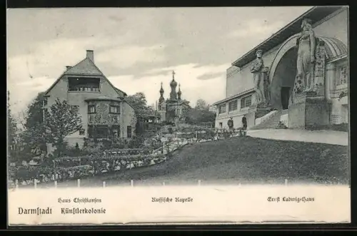 AK Darmstadt, Künstlerkolonie, Haus Christiansen, Russische Kapelle, Ernst Ludwig-Haus